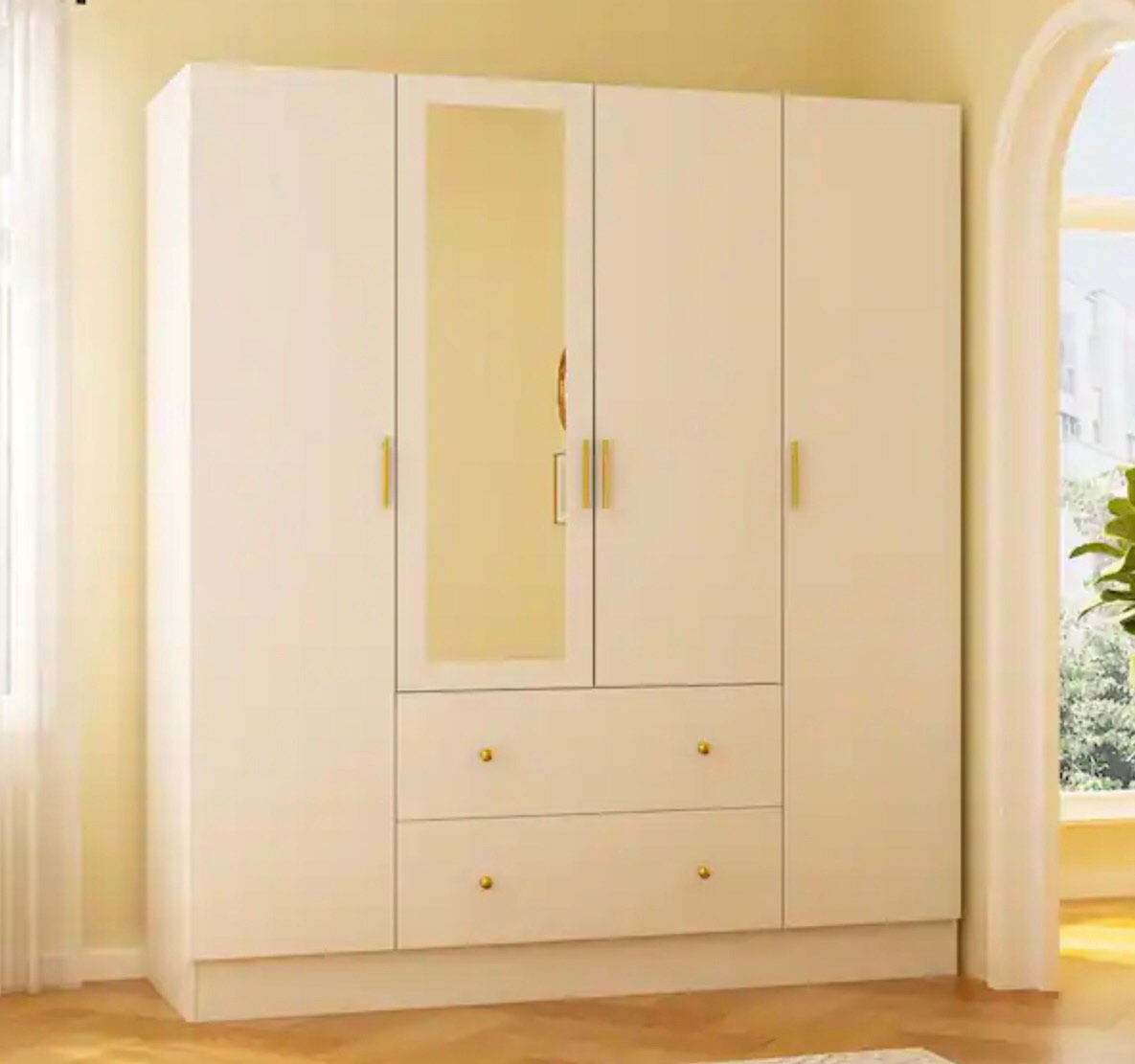FUFU&GAGA White 4-Door Armoires with Mirror, 2 Hanging Rods, 2-Drawers and Storage Shelves (19.7 in. D x 63 in. W x 70.9 in. H)