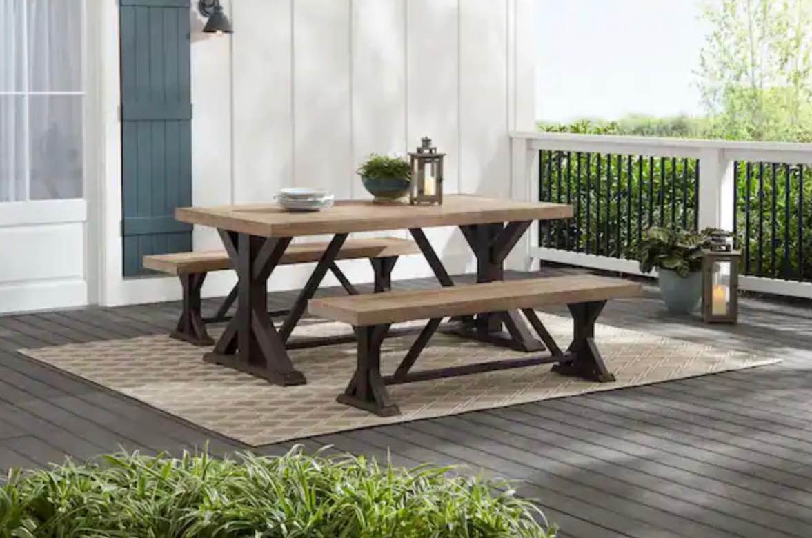 Hampton Bay Silver Oaks Farmhouse 3-Piece Acacia Wood Outdoor Patio Dining Set, (2 boxes)