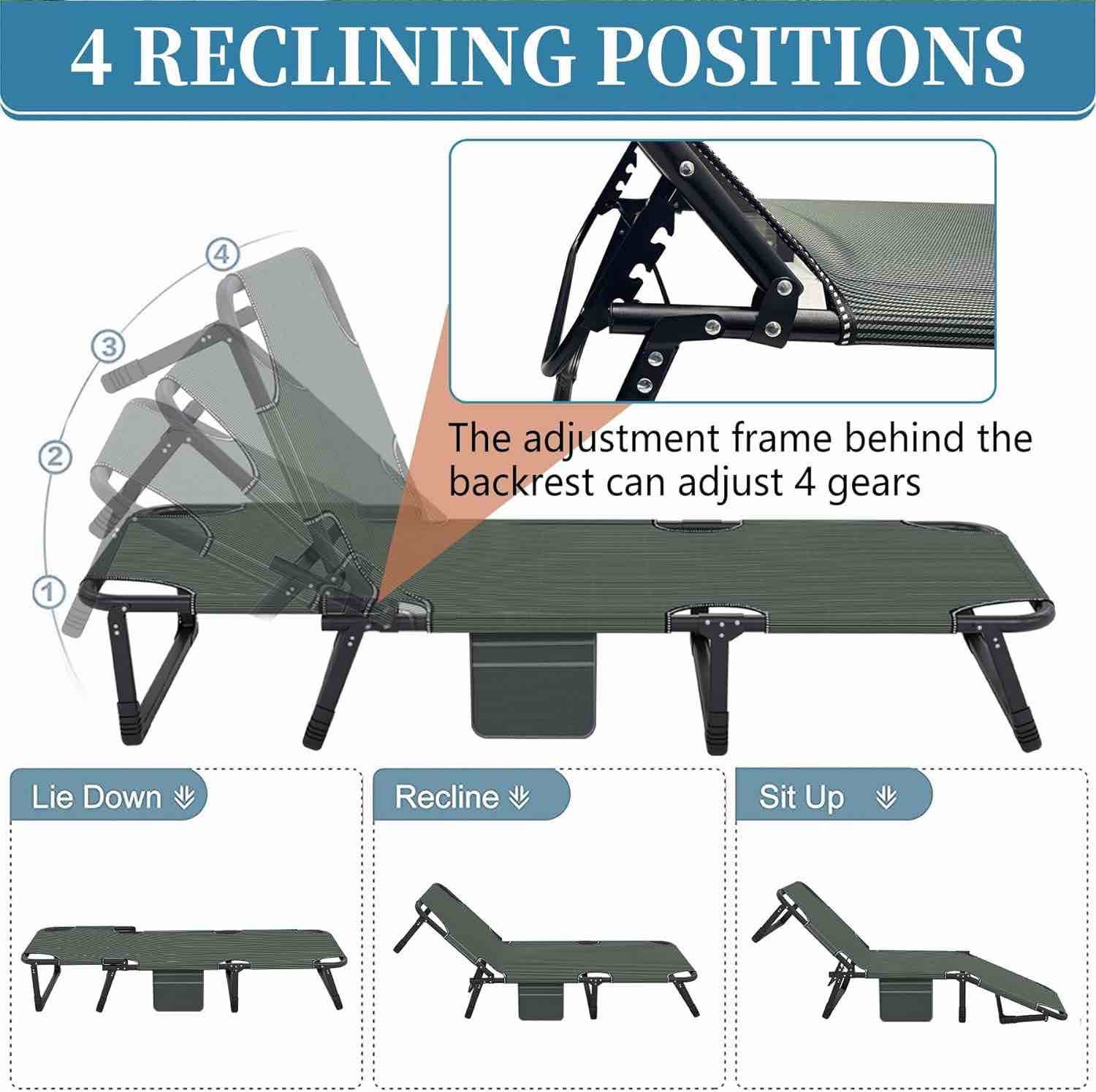 Soliles Portable Folding Camping Cot, Adjustable 4-Position Adults Reclining Chairs 