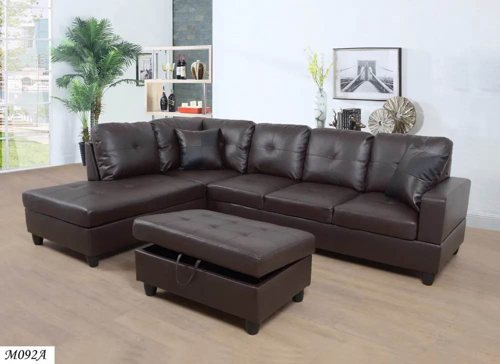 3 PC Sectional Sofa Set, (Brown) Faux Leather Right-Facing Chaise with Free Storage Ottoman ( box 1/3 only for pick up )