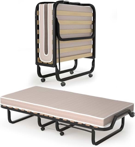  Bed with Mattress for Adults with Memory Foam Mattress & Metal Frame on Wheels, Cot Size Roll Away Adult Bed, Foldable Portable Guest Bed for Easy Storage, Made in Italy