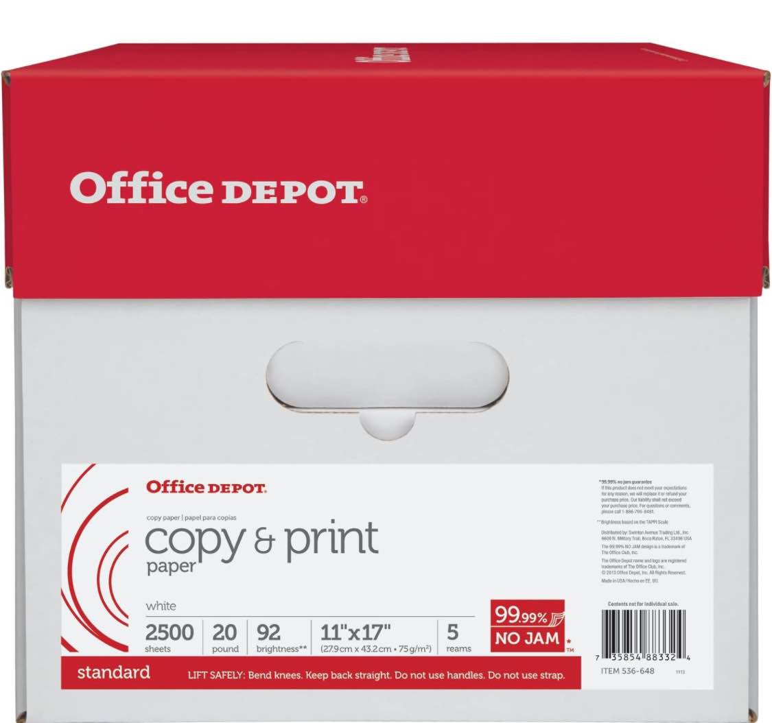 Office Depot® Brand Copy & Print Paper, Ledger Paper, 20 Lb, 500 Sheets Per Ream, Case Of 5 Reams