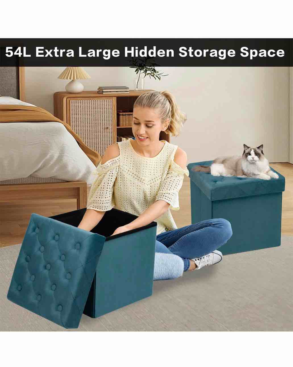 Brand: CAROLMADE 4.9 4.9 out of 5 stars 10 Reviews CAROLMADE Storage Ottoman Cube Storage Stool with Thickened Lid, Velvet Ottoman Foot Rest for Living Room, Bedroom, Dorm 15" x 15" x 15" (Teal)