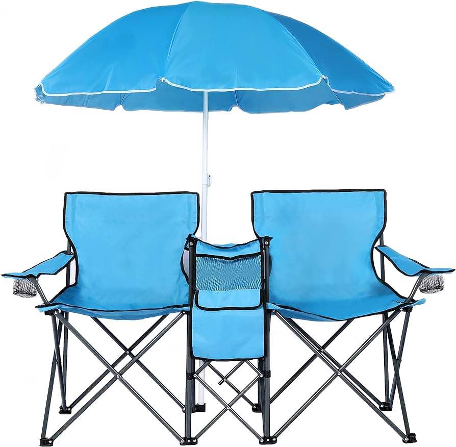 DOALBUN Double Portable Picnic Chair Folding Camping Chair W/Umbrella Table Beverage Holder Carrying Bag Cooler Fold Up Table for Patio Pool Park Outdoor Beach Camping Chair (Blue)