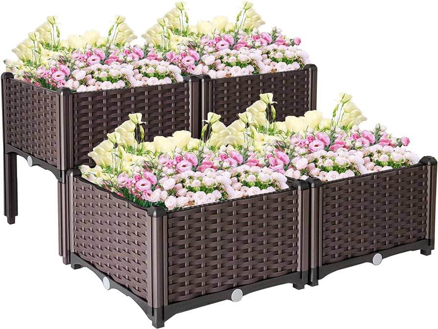 SUNVIVI OUTDOOR Raised Garden Bed, Self Watering Planter Boxes, Lightweight Raised Flower Bed Weather Resistant Elevated Garden Kit, Durable Raised Planter Box, 4 Piece, Brown, Easy to Assemble
