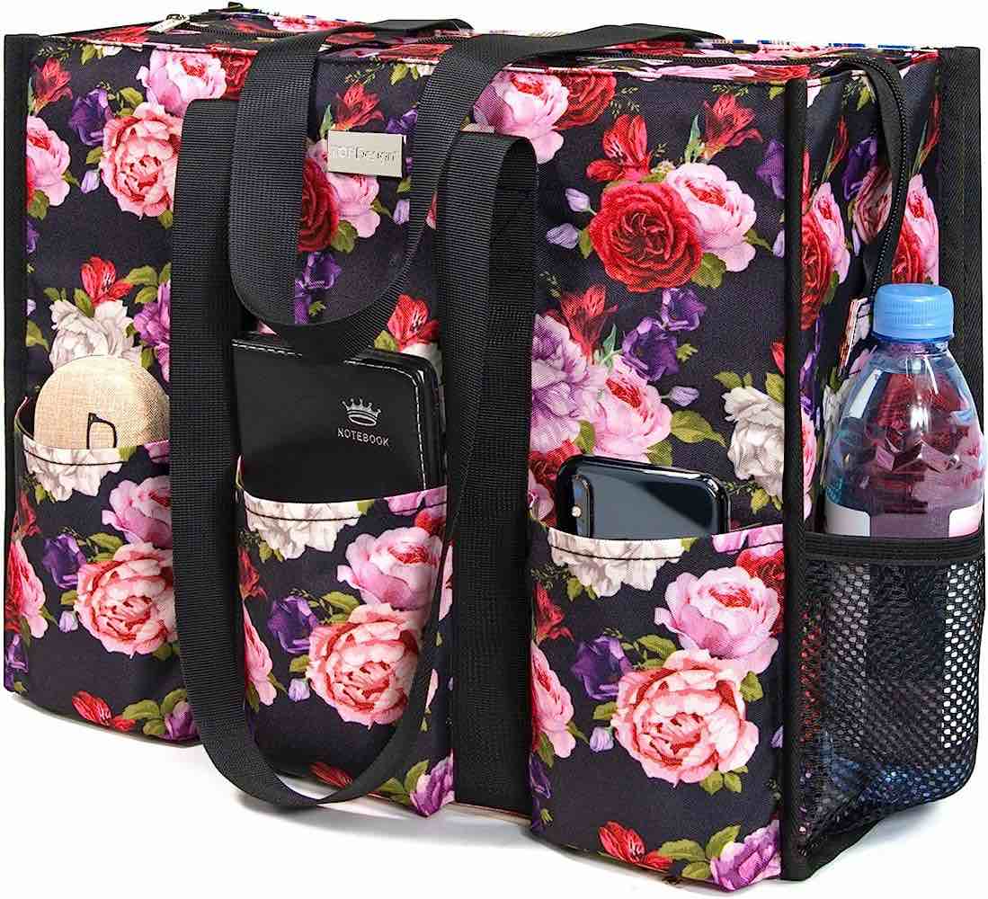 TOPDesign Utility Water Resistant Tote Bag with 13 Exterior & Interior Pockets, Top Zipper Closure & Thick Bottom Support
