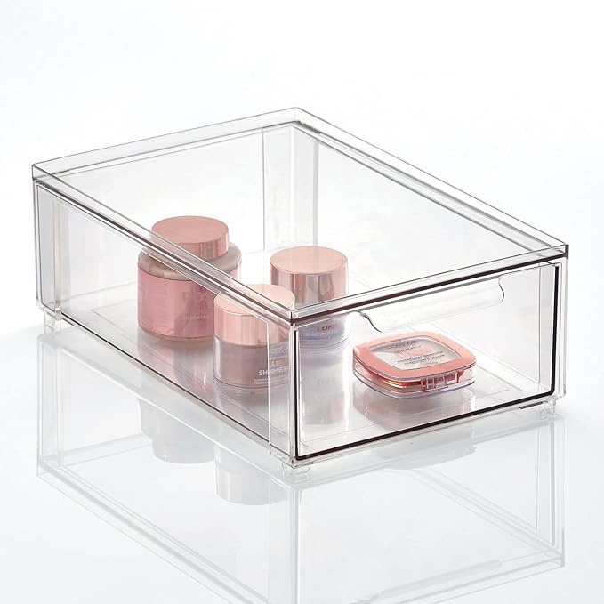 mDesign Plastic Stackable Bathroom Storage with Pull Out Bin Organizer Drawer for Cabinet, Vanity, Shelf, Cupboard, Cabinet, or Closet Organization - Lumiere Collection - Clear 1 8 x 12 x 8