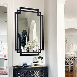 28" x 40" Large Wall Decorative Mirror, Black Bathroom Mirror with Irregular and Rectangular Metal Frame, Modern Accent Mirror for Entryway, Dining Room, Fireplace