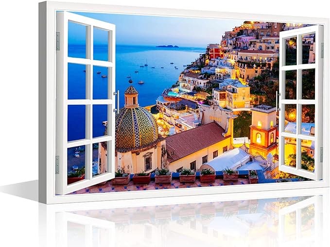 Canvas Window View Wall Art Twilight Sea Sight Landscape Picture Dreamy Positano Canvas Print Island City Scenic Paintings Giclee Gallery Wrap Modern Home Art Ready to Hang, 16" Wx24 H