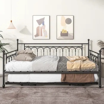 Rackers Twin Steel Metal Day Bed with Pop Up Trundle - Black