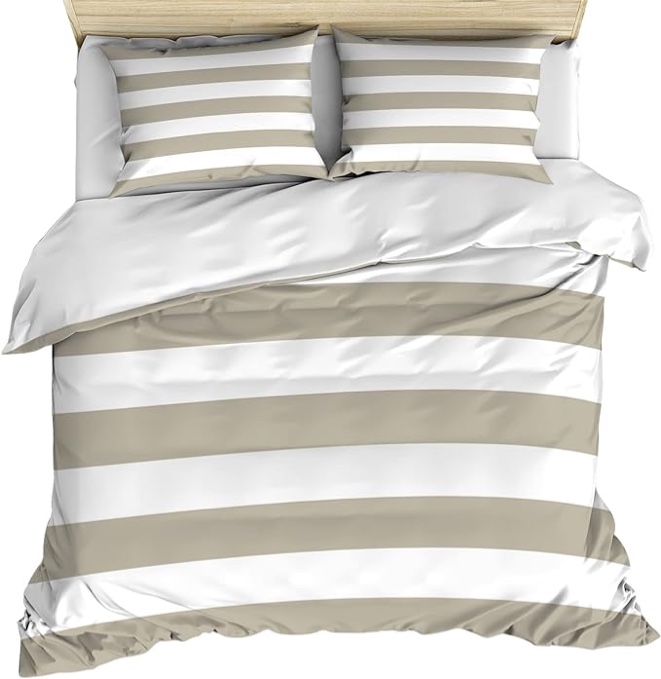 Beige Stripes Duvet Cover Set 3 Pieces with Zipper Closure, Simple Beige White Texture Bedding Sets 1 Duvet Cover & 2 Pillow Cases, Breathable Comforter Cover Set Duvet Cover Queen 