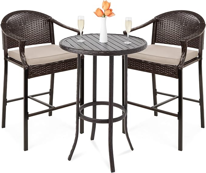 Best Choice Products 3-Piece Patio Bar Table Set, Outdoor Wicker Bar Height Bistro Furniture for Backyard, Poolside, Balcony w/Barstools, Cushions, Steel Frame – Gray/Blue(similar missing pieces)