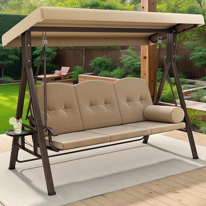 FTPLPS-0036 YITAHOME Porch Swing Bed 3-Seats Outdoor Patio Swing Heavy Duty Swing(incomplete box 2/2)Chair with Adjustable Canopy Removable Cushion, Suitable for Adult in Garden, Poolside, Balcony, Brown