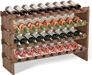 Domax Wine Rack Freestanding Floor - 4 Tiers Stackable Wine Rack 36 Bottle Wine Bottle Holder? Bamboo Wine Holder Wine Storage for Kitchen, Bar, Pantry, Wine Cellar and Countertop (Walnut