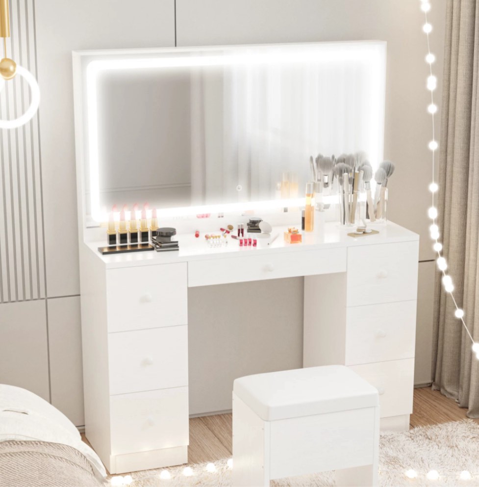 IRONCK Vanity Desk Set with LED Lighted Mirror & Power Outlet, 7 Drawers Makeup Vanities Dressing Table with Stool, for Bedroom, White