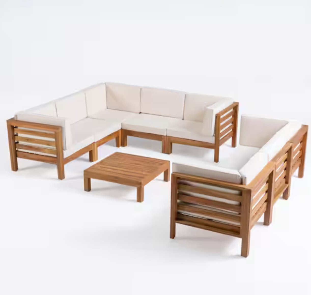 Jonah Teak Finish 9-Piece Wood Outdoor Patio Sectional Sofa Set with Beige Cushions(incomplete corner chair table and loveseat)