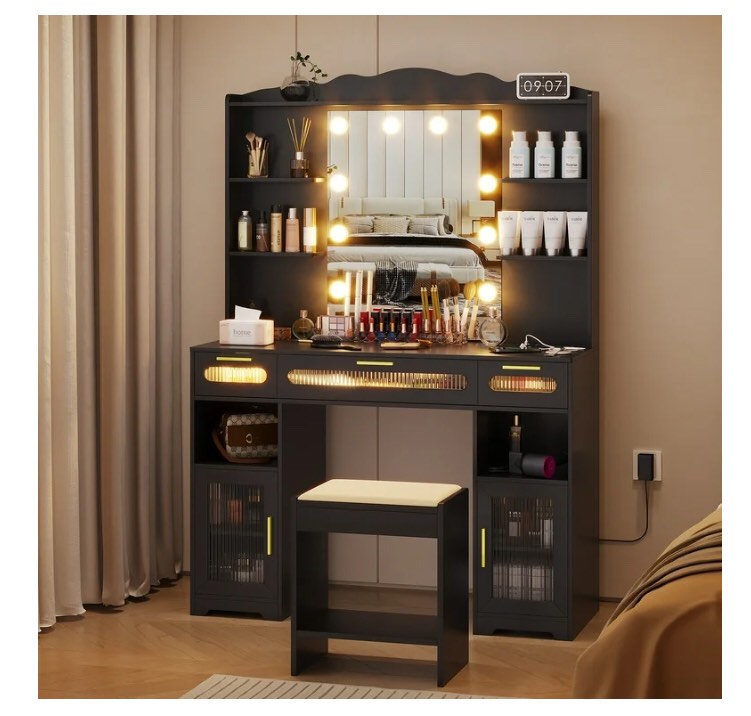 LVSOMT Makeup Vanity Table Set with Mirror and LED Lights, Power Strip, Charging Station, Modern Va  nity Desk for Bedroom 