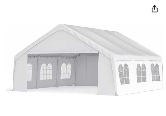 Carport, 20'x20' Heavy Duty Carport, Party Tent with Roll-up Ventilated Windows, Removable Sidewalls & Doors, Car Port Canopy Tent with All-Season Tarp for Car, Truck, Party, White