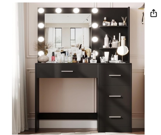 Rovaurx Makeup Vanity Table with Lighted Mirror, Makeup Vanity Desk with Storage Shelf and 4 Drawers, Bedroom Dressing Table, 10 LED Lights, Black RSZT104B