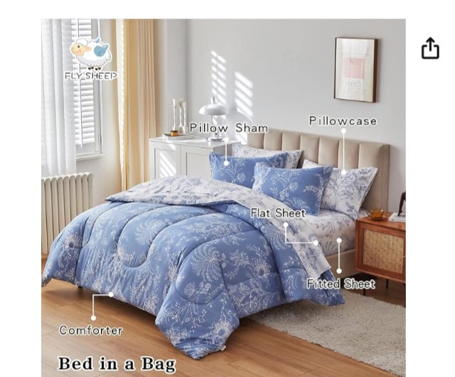 Flysheep Botanical Bed in a Bag Twin Size 6 Pieces, Reversible Blue and White Flower Printed Comforter Bedding Set (1 Comforter, 1 Flat Sheet, 1 Fitted Sheet, 2 Pillow Shams and 1 Pillowcase)