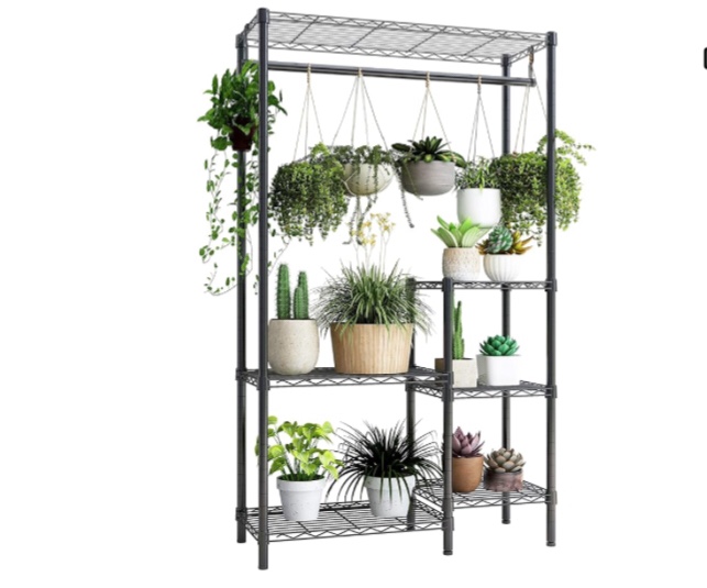 Xiofio Plant Stands for Indoor Plantsd Outdoor Plant Shelf, 6 Tier 16 Pots Flower Pots Holder Storage Shelf Flower Stands With hanger rod for Living Room Balcony and Garden,Black