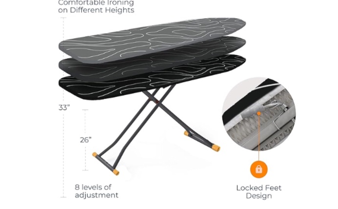 Ironing Board, Compact and Space Saver Patented Ironing Board with Extra Thick Heavy Duty Padded Cover, Height Adjustable, Easy Storage with Smart Hanger and Lightweight Design, Black (13x43)