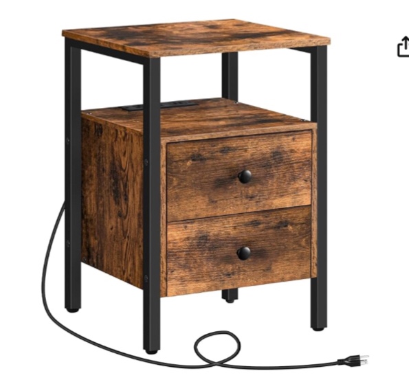 Pake 2 - Drawer 23.6" Tall Iron Nightstand with Storage and Built-In Outlets