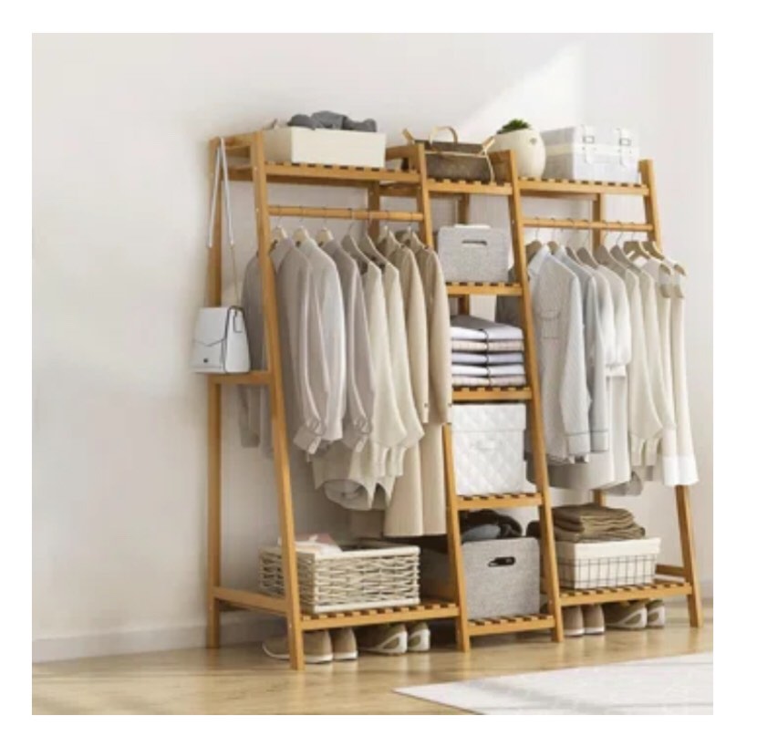 Bamboo 51"  W Garment Rack with Hanging Rod Storage Shelves and Bag