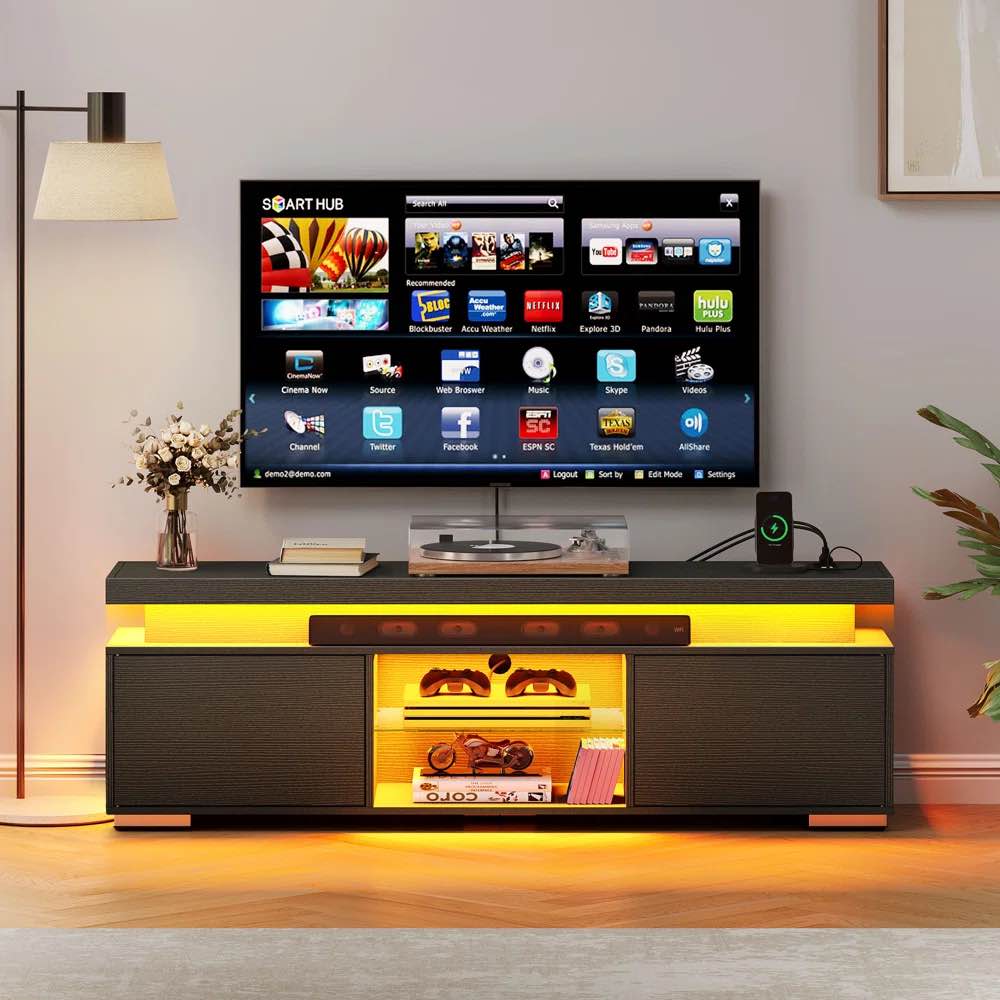 Amselmo LED TV Stand with Cabinet and Power Outlet for TVs up to 65"