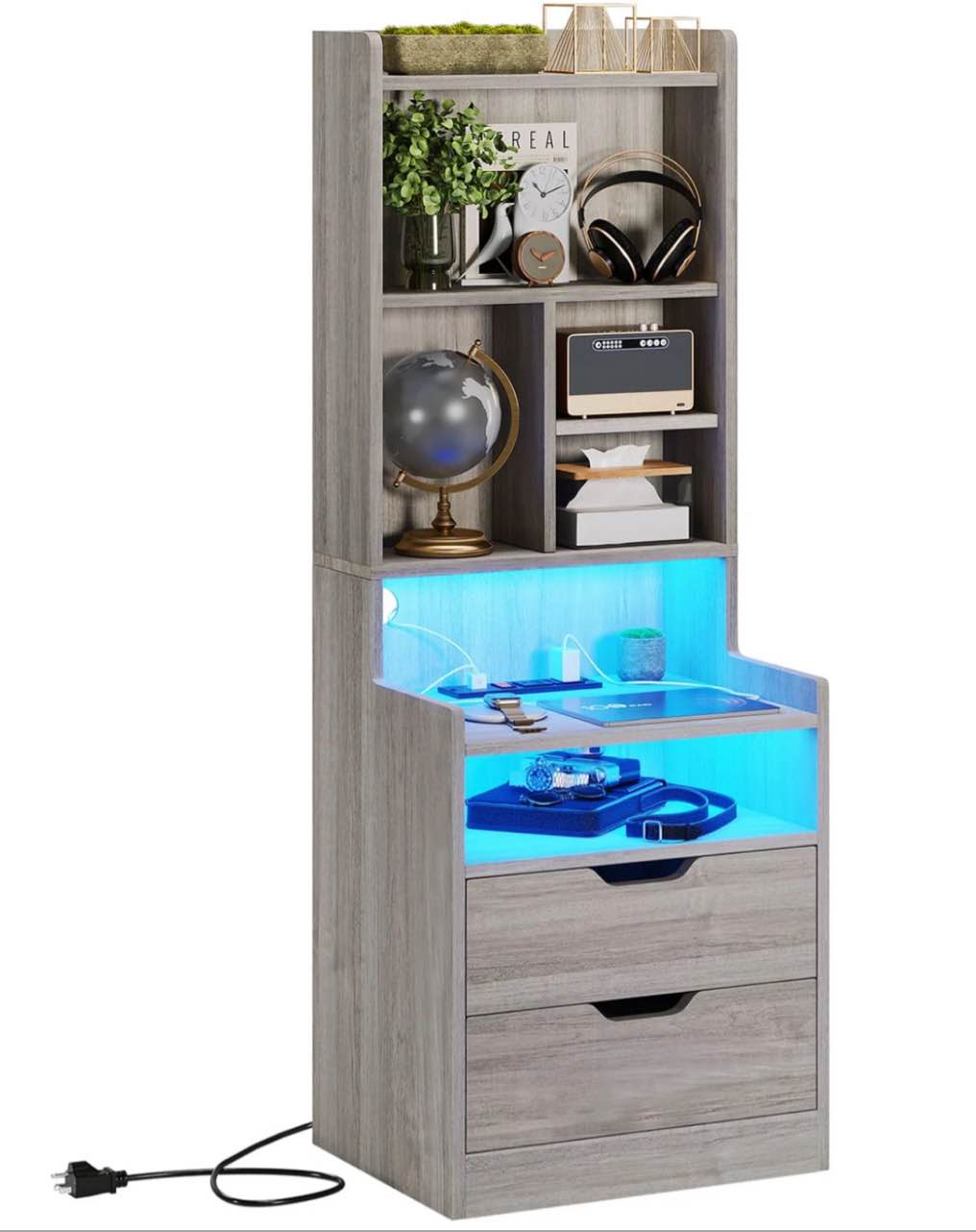 LED Nightstand With Bookshelf Charging Station Grey (Incomplete Box 3/3)