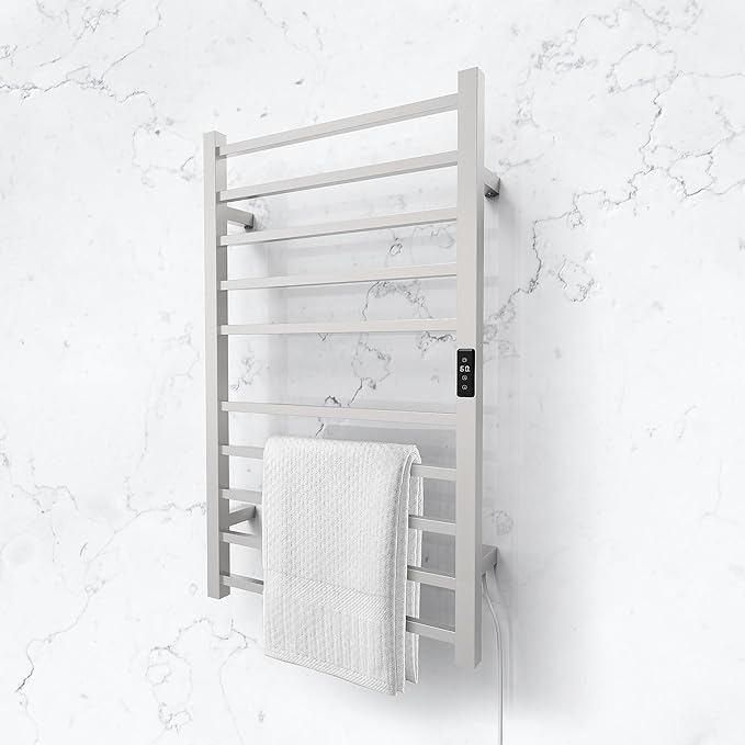 Odass | Towel Warmer | Built-in Timer with Led Indicators | Timer Modes: 1 H to 8 H, ON/Off | Temperature 30 to 60 °C (86 to 140 °F) | Wall Mounted | 10 Square Bars | Brush