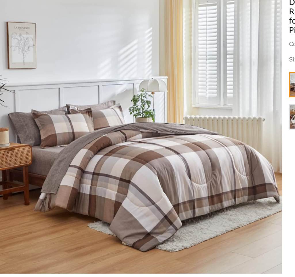 AIKASY Bed in a Bag 7 Piece Queen Size, Brown Plaid Design Soft Microfiber Reversible Bed Comforter Set for All Season (1 Comforter, 2 Pillow Shams, 1 Flat...