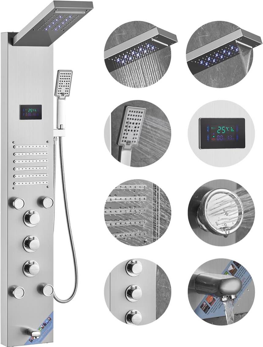 VEVOR Shower Panel System, 6 Shower Modes, LED & Screen Hydroelectricity Shower Panel Tower, Rainfall, Waterfall, 5 Massage Jets, Tub Spout, Handheld Shower, Stainless Steel Wall-Mounted Shower Set