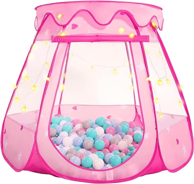 Pop Up Princess Tent with Colorful Star Lights for 1 2 3 Year Old Birthday Gift, 12-18 Months Baby Girl Toys, Foldable Ball Pit with Carrying Bag, Indoor&Outdoor Play Tent for Kids Pink