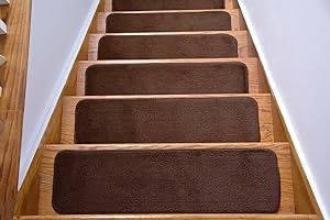 Stair Tread Treads Indoor 7 inch x 24 inch Machine Washable Skid Slip Resistant Carpet Stair Tread Treads Comfy Collection (Set of 13  Brown)