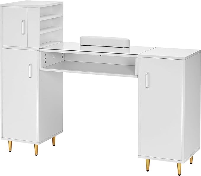 VEVOR Manicure Table, Glass Top Nail Desk, Makeup Dressing Nail Station with Storage Cabinets, Acetone-Resistant Nail Tech Table for Spa Beauty Salon Workstation with Wrist Rest, 8 Metal Legs, White
