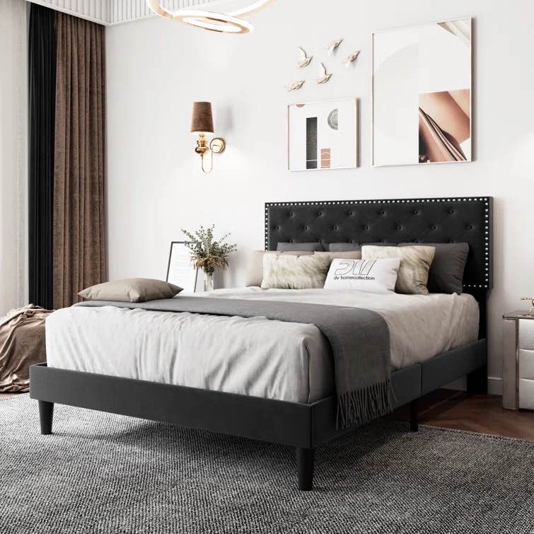 Aleiny Velvet Bed with Adjustable Upholstered Headboard, King, Black