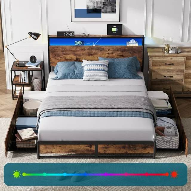 Linsy Home Full Size Platform Bed Frame with Ergonomic Headboard and 4 Drawers, Storage Bed with Lights, Outlets & USB, Dark Brown
