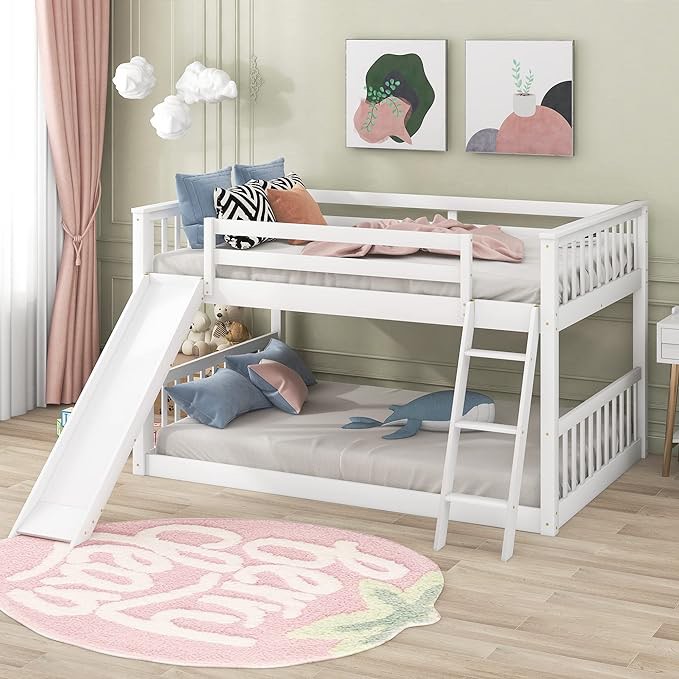 Bunk Bed with Slide,Convertible Slide and Ladder Bed Frame with Full-Length Guardrail for Boys Girls Bedroom,No Bos Spring Needed, Twin