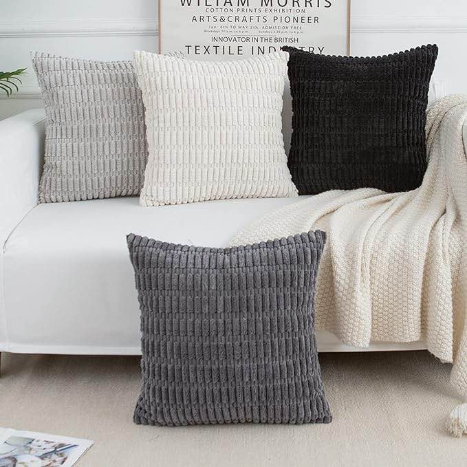 Softalker Corduroy Throw Pillow Covers 20 x 20, Set of 4, Soft Striped Farmhouse Boho Pillow Cover, Modern Decorative Cushion Pillow Case for Couch Sofa Bedroom Living Room (No Inserts), Grey/Black