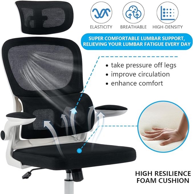 Winrise Office Chair Ergonomic Desk Chair, High Back Gaming Chair, Big and Tall Reclining Chair Comfy Home Office Desk Chair Lumbar Support Breathable Mesh Computer Chair Adjustable Armrests (White)