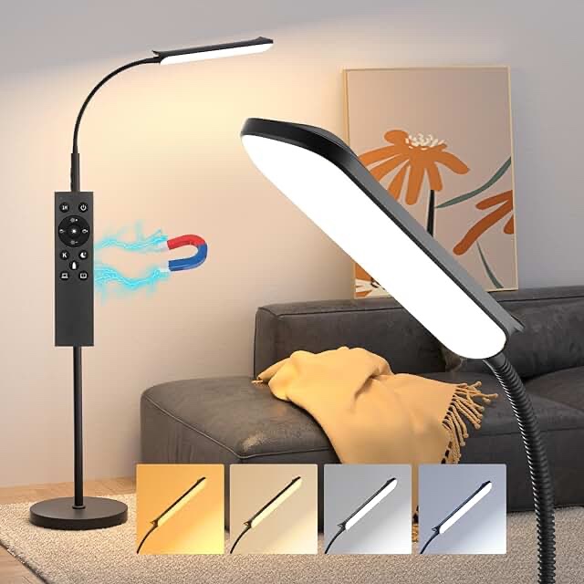 TwoWin Standing Led Floor Lamp for Living Room Bedroom Office Salon, Adjustable Goose Neck Tall Corner Lamp Led Light Dimmable Bright Flexible Reading Floor Lamp with Romote Control 5 Color Changing