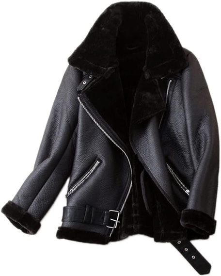LY VAREY LIN Women's Faux Shearing Moto Jacket Thick Lined Parka Winter Shearling Coat Leather Jacket (S, Black)