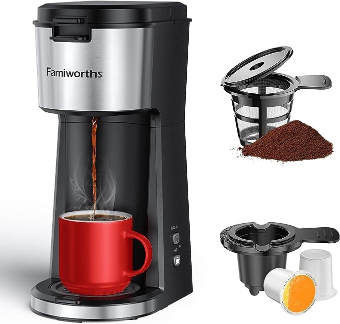 Famiworths Upgraded Hot and Iced Coffee Maker for K Cups and Ground Coffee, 4-5 Cups Coffee Maker and Single-serve Brewers, with 30Oz Removable Water Reservoir, 6 to 24Oz Cup Size, Classic Black