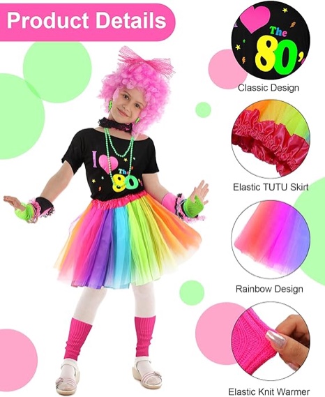 Blulu Halloween 80s Costume Accessories Set T-shirt Colorful Tutu Headband Earring Necklace Leg Warmers for kids