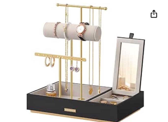 SONGMICS Jewelry Holder, Christmas Gifts, Jewelry Organizer, Jewelry Display Stand, Metal Earring Organizer with Mirror, with Necklace Earring Bracelet Holder, Gift Idea, Black and Gold UJJS022B01