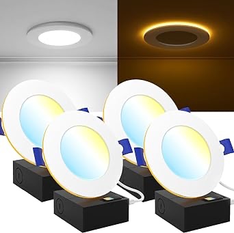 Sunco 4 Pack 4 Inch Ultra Thin LED Recessed Ceiling Lights Slim with Night Light, 800 LM, Selectable CCT 2700K/3000K/3500K/4000K/5000K, Dimmable, 11W, Canless with Junction Box - ES