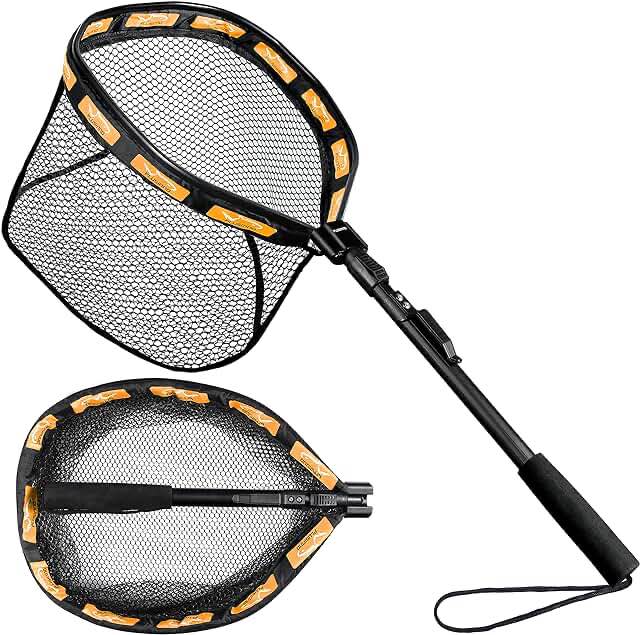 PLUSINNO Floating Fishing Net for Steelhead, Salmon, Fly, Kayak, Catfish, Bass, Trout Fishing, Rubber Coated Landing Net for Easy Catch & Release, Compact & Foldable for Easy Transportation & Storage 19.7"/50cm Hoop Size length 1.5M Orange (Telescopic Pol