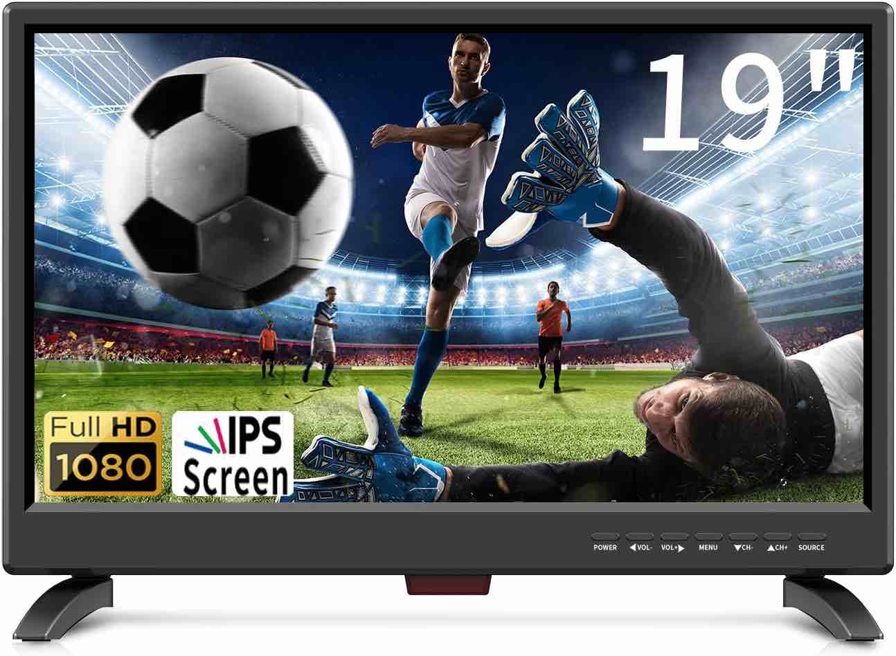 Feihe 19 Inch TV, FHD LED Flat Screen TV 1920 x 1080p IPS Display w/Digital Dual Tuners ATSC/HDMI/VGA/AV/USB, 12 Volt RV TV Built in Dual Speakers Suitable for Kitchen/RV/Caravan and Boat