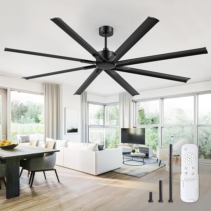BiGizmos 84 Inch Industrial DC Motor Ceiling Fan, Damp Rated Indoor or Covered Outdoor Ceiling Fans for Home or Commercial, Porch Patio Warehouse Restaurant, 6-Speed Remote Control, Black